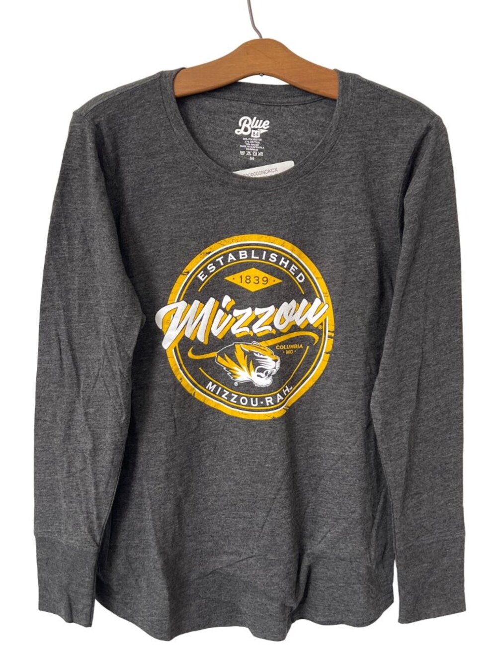 Blue 84 Graphic Tee Medium Mizzou Missouri Long Sleeve Gray Cotton Polyester NEW